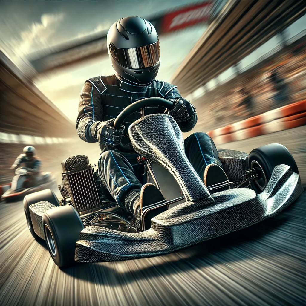 DALL·E 2024 10 02 11.36.28 A man in a go kart racing at high speed with his body visibly impacted by the intense G forces. The man is wearing a helmet and racing suit and the