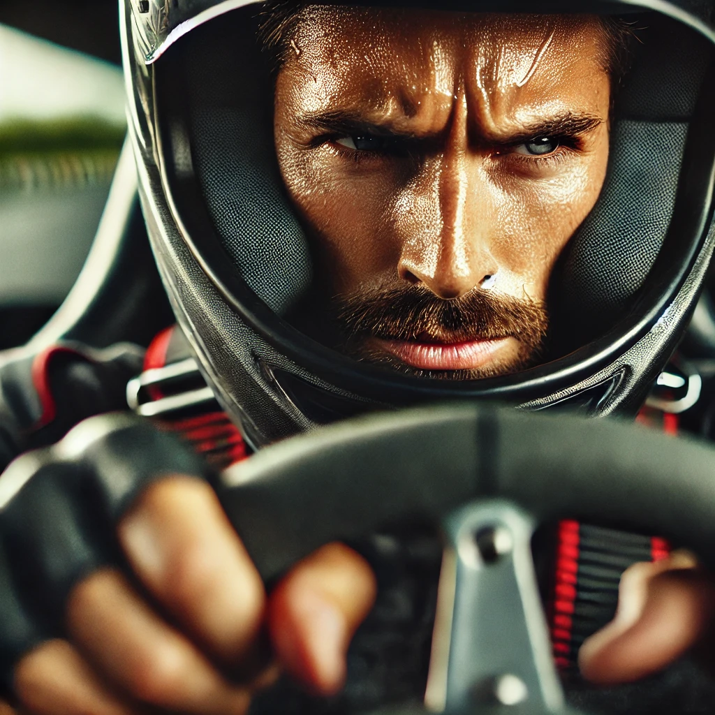 DALL·E 2024 10 02 11.37.56 A close up image of a man in a go kart his face showing signs of mental strain and intense focus as he navigates a high speed race. His eyes are narr