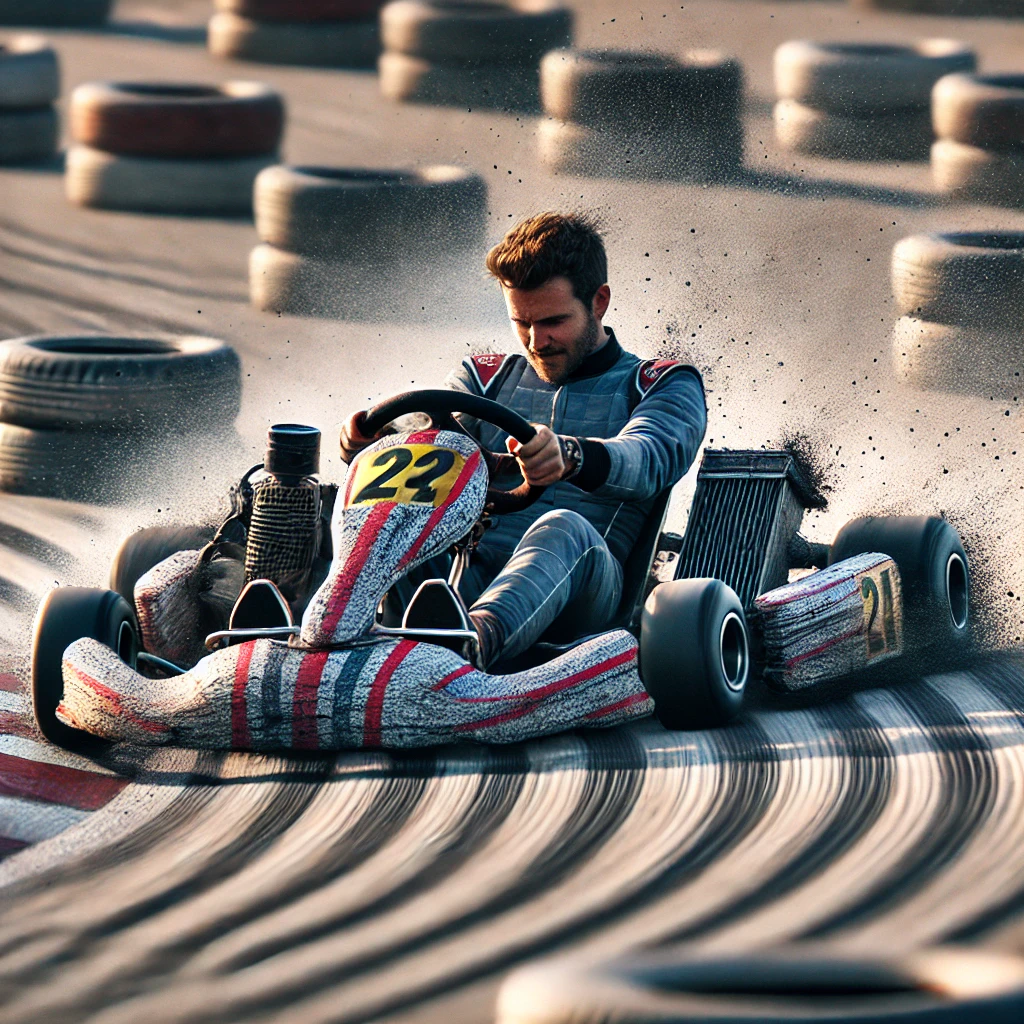 DALL·E 2024 10 02 11.39.49 A go kart racing over a bumpy section of the track with visible vibrations affecting both the kart and the driver. The man driving the kart is holdin