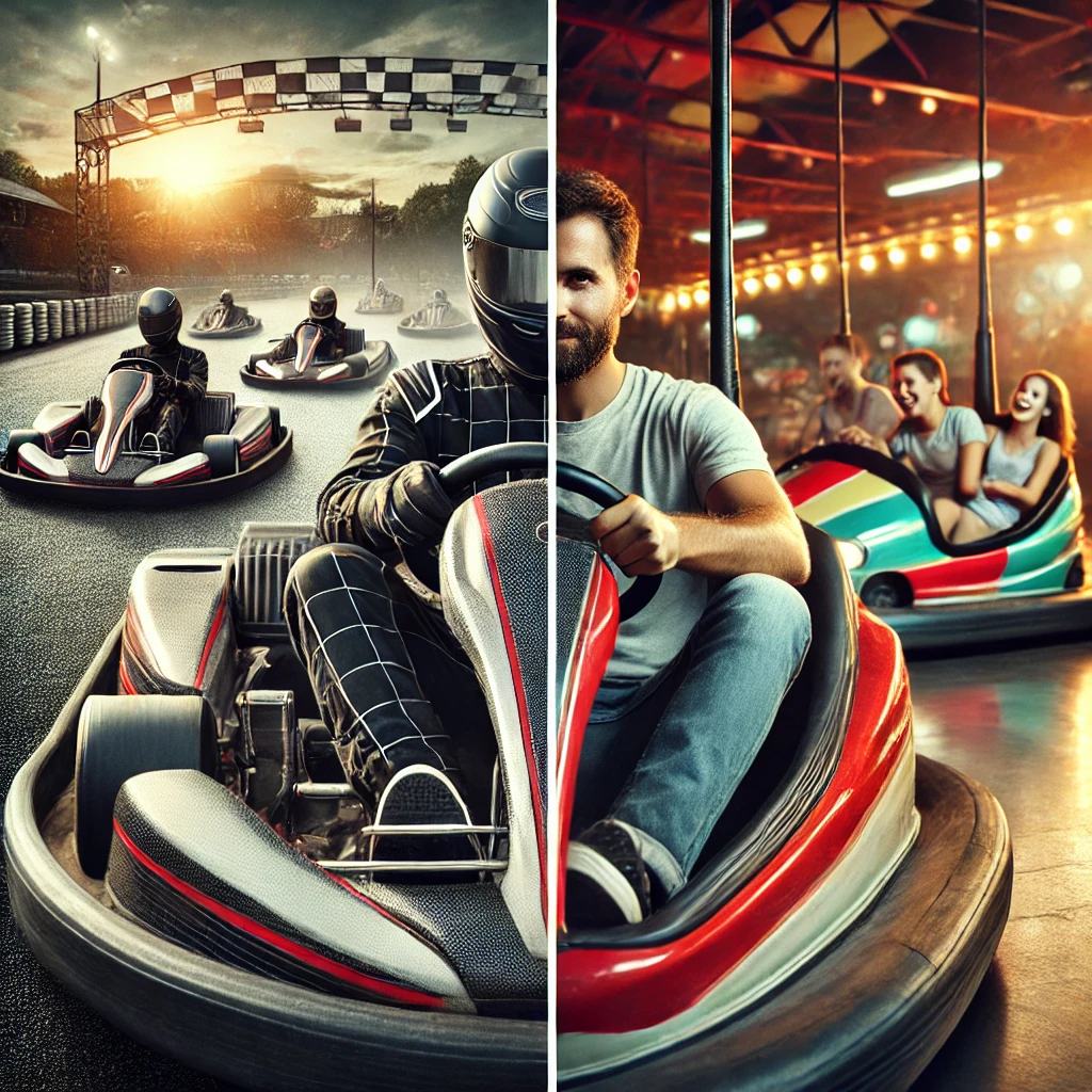 DALL·E 2024 10 02 12.34.44 A split screen image contrasting go karting on the left and bumper cars on the right. On the go karting side a man is driving a sleek low sitting go